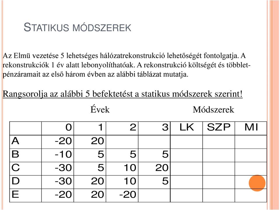 A rekonstrukció költségét és többletpénzáramait az első három évben az alábbi táblázat mutatja.