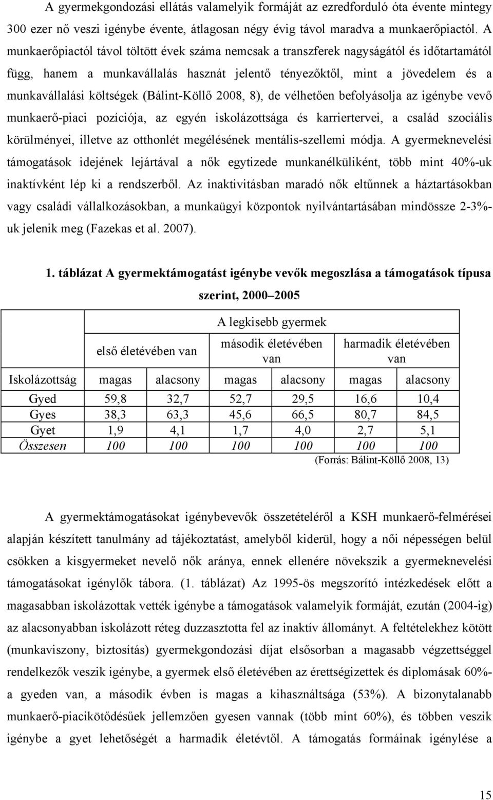 (Bálint-Köllő 2008, 8), de vélhetően befolyásolja az igénybe vevő munkaerő-piaci pozíciója, az egyén iskolázottsága és karriertervei, a család szociális körülményei, illetve az otthonlét megélésének