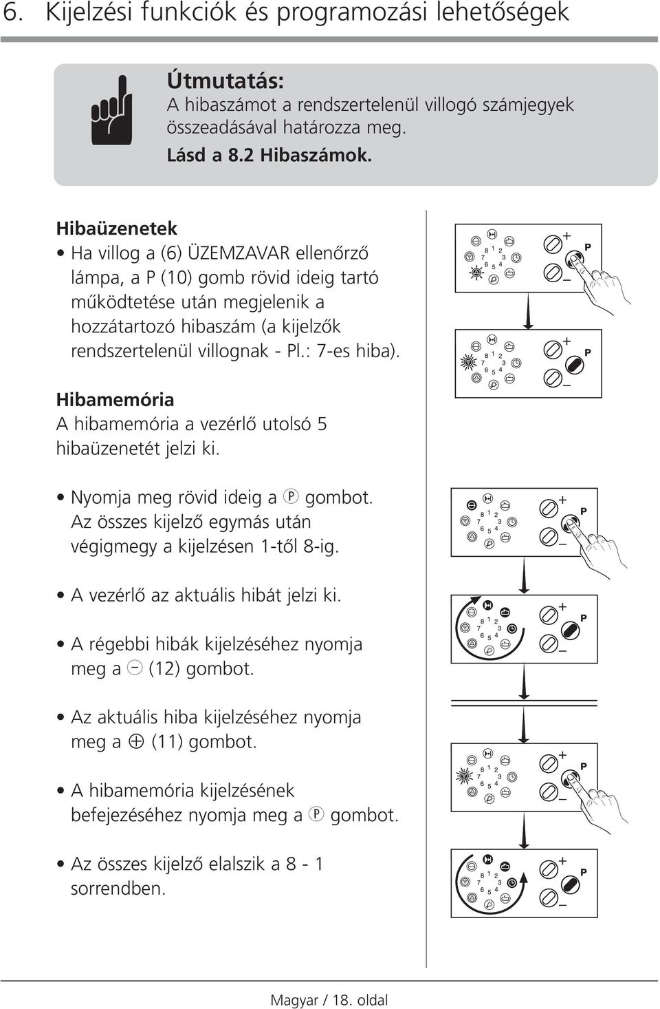 Hibamemória A hibamemória a vezérlœ utolsó 5 hibaüzenetét jelzi ki. Nyomja meg rövid ideig a gombot. Az összes kijelzœ egymás után végigmegy a kijelzésen 1-tŒl 8-ig.