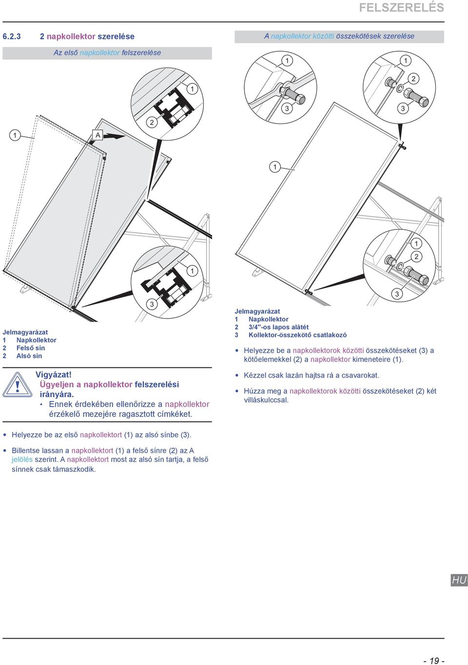 Napkollektor /"-os lapos alátét Kollektor-összekötő csatlakozó Helyezze be a napkollektorok közötti összekötéseket () a kötőelemekkel () a napkollektor kimeneteire ().
