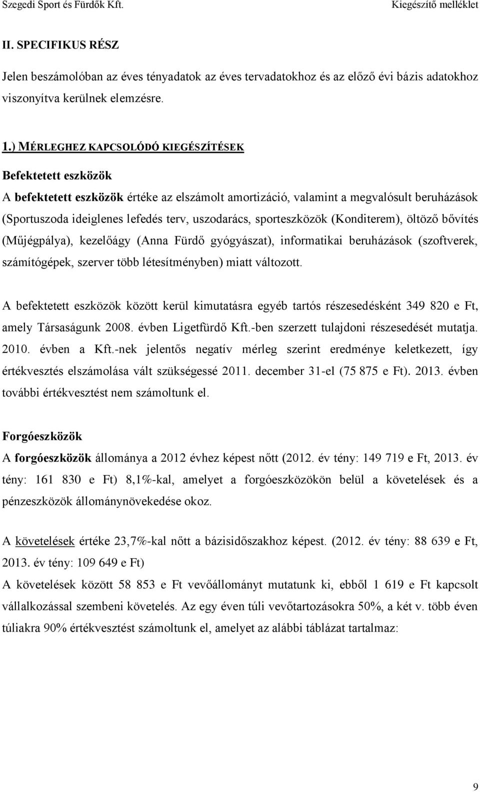 sporteszközök (Konditerem), öltöző bővítés (Műjégpálya), kezelőágy (Anna Fürdő gyógyászat), informatikai beruházások (szoftverek, számítógépek, szerver több létesítményben) miatt változott.