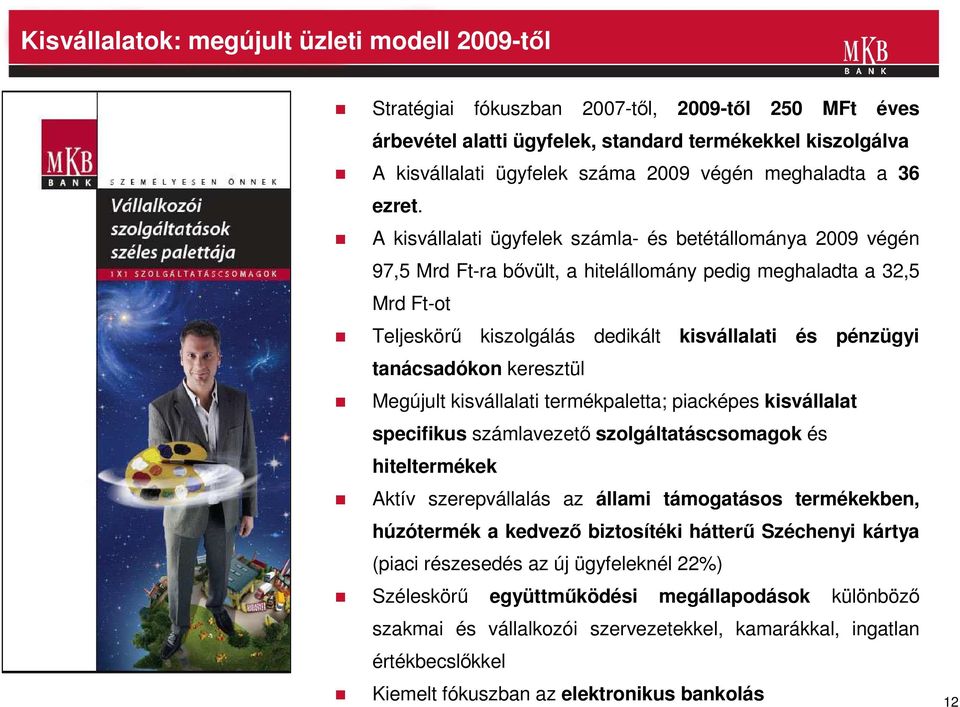 A kisvállalati ügyfelek számla- és betétállománya 2009 végén 97,5 Mrd Ft-ra bıvült, a hitelállomány pedig meghaladta a 32,5 Mrd Ft-ot Teljeskörő kiszolgálás dedikált kisvállalati és pénzügyi