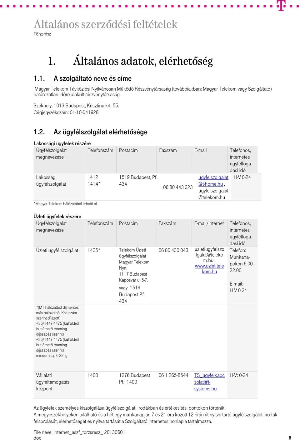 1.2. Az ügyfélszolgálat elérhetősége Lakossági ügyfelek részére Ügyfélszolgálat megnevezése Telefonszám Postacím Faxszám E-mail Telefonos, internetes ügyfélfogadási idő Lakossági ügyfélszolgálat 1412