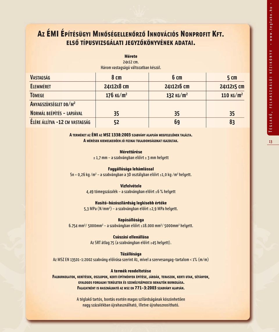 52 69 83 A TERMÉKET AZ ÉMI AZ MSZ 1338:2003 SZABVÁNY ALAPJÁN MEGFELELÔNEK TALÁLTA. A MÉRÉSEK KIEMELKEDÔEN JÓ FIZIKAI TULAJDONSÁGOKAT IGAZOLTAK.