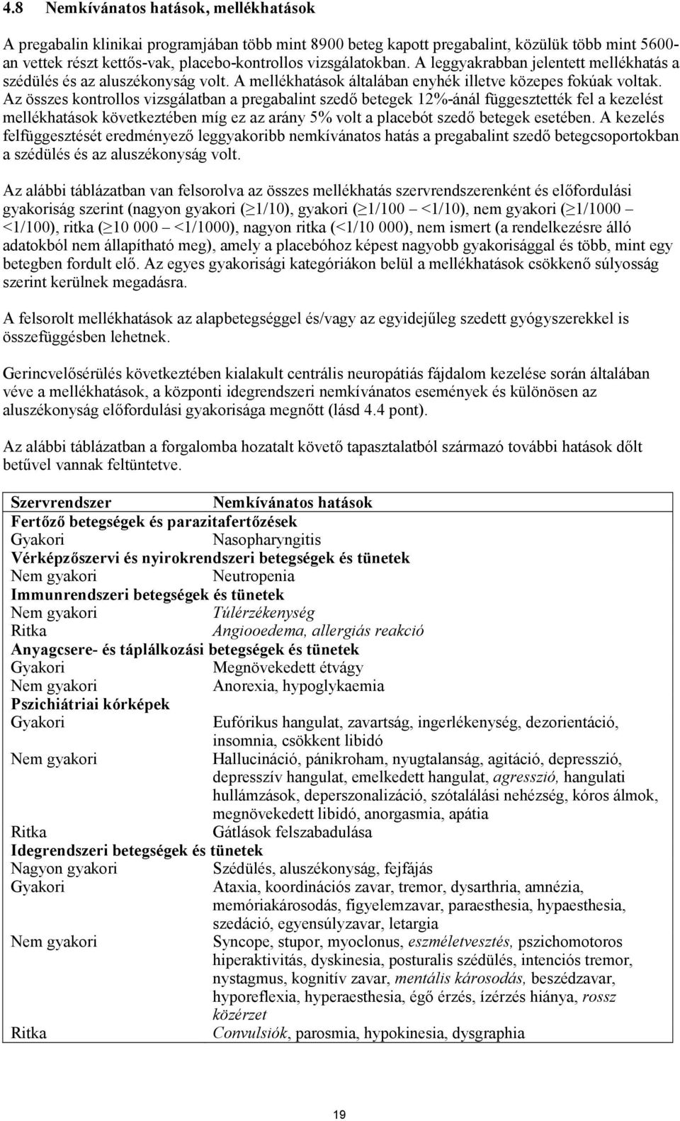 Az összes kontrollos vizsgálatban a pregabalint szedő betegek 12%-ánál függesztették fel a kezelést mellékhatások következtében míg ez az arány 5% volt a placebót szedő betegek esetében.