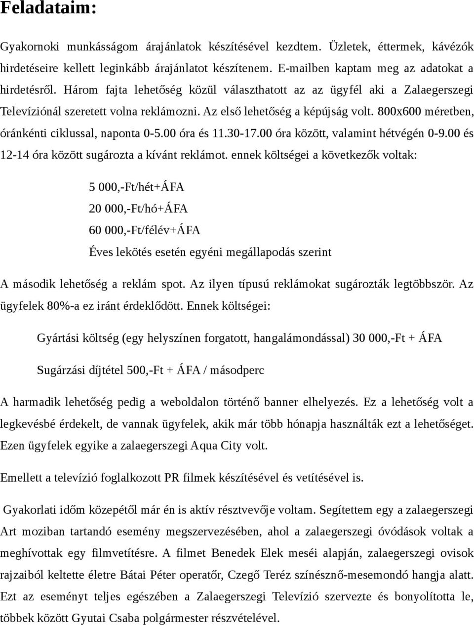 800x600 méretben, óránkénti ciklussal, naponta 0-5.00 óra és 11.30-17.00 óra között, valamint hétvégén 0-9.00 és 12-14 óra között sugározta a kívánt reklámot.