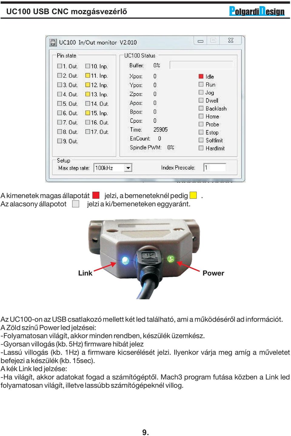 A Zöld színű Power led jelzései: -Folyamatosan világít, akkor minden rendben, készülék üzemkész. -Gyorsan villogás (kb. 5Hz) firmware hibát jelez -Lassú villogás (kb.