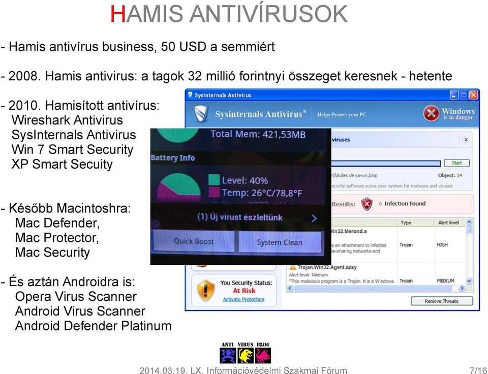 Hamisított antivírus: Wireshark Antivirus SysInternals Antivirus Win 7 Smart Security XP Smart Secuity -