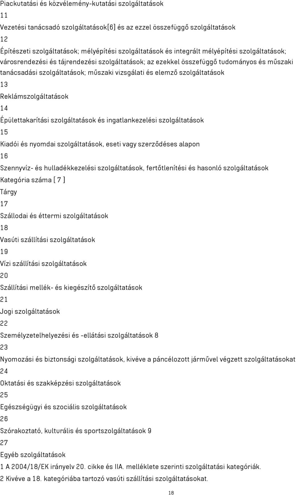 Reklámszolgáltatások 14 Épülettakarítási szolgáltatások és ingatlankezelési szolgáltatások 15 Kiadói és nyomdai szolgáltatások, eseti szerződéses alapon 16 Szennyvíz- és hulladékkezelési