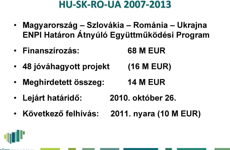 48 jóváhagyott projekt (16 M EUR) Meghirdetett összeg: 14 M EUR