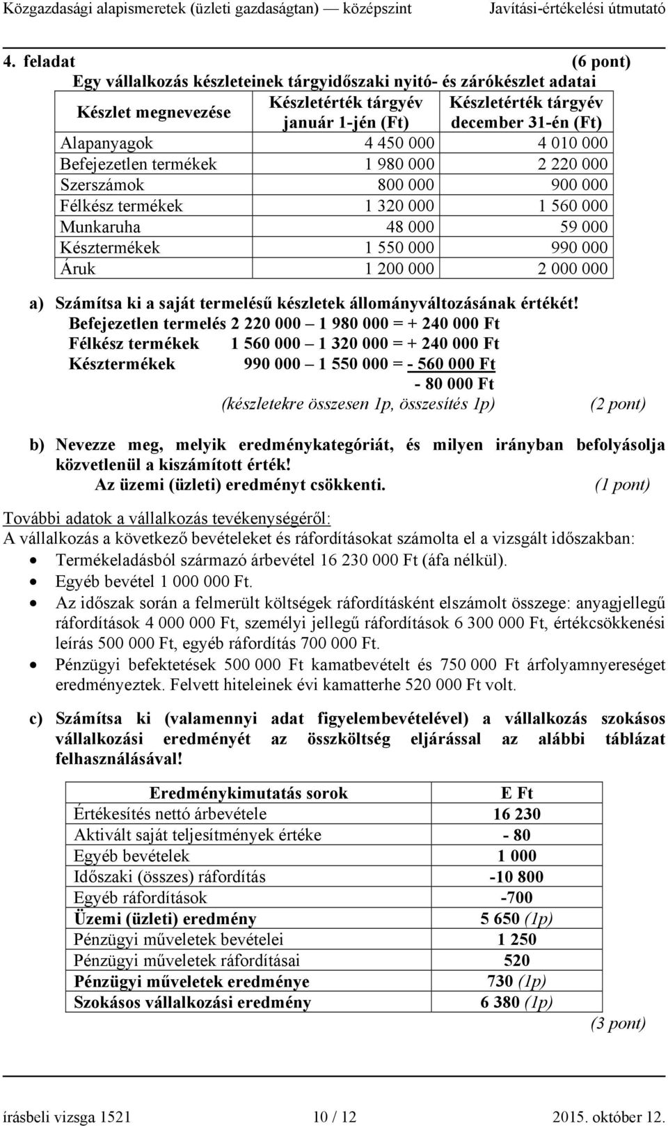 200 000 2 000 000 a) Számítsa ki a saját termelésű készletek állományváltozásának értékét!