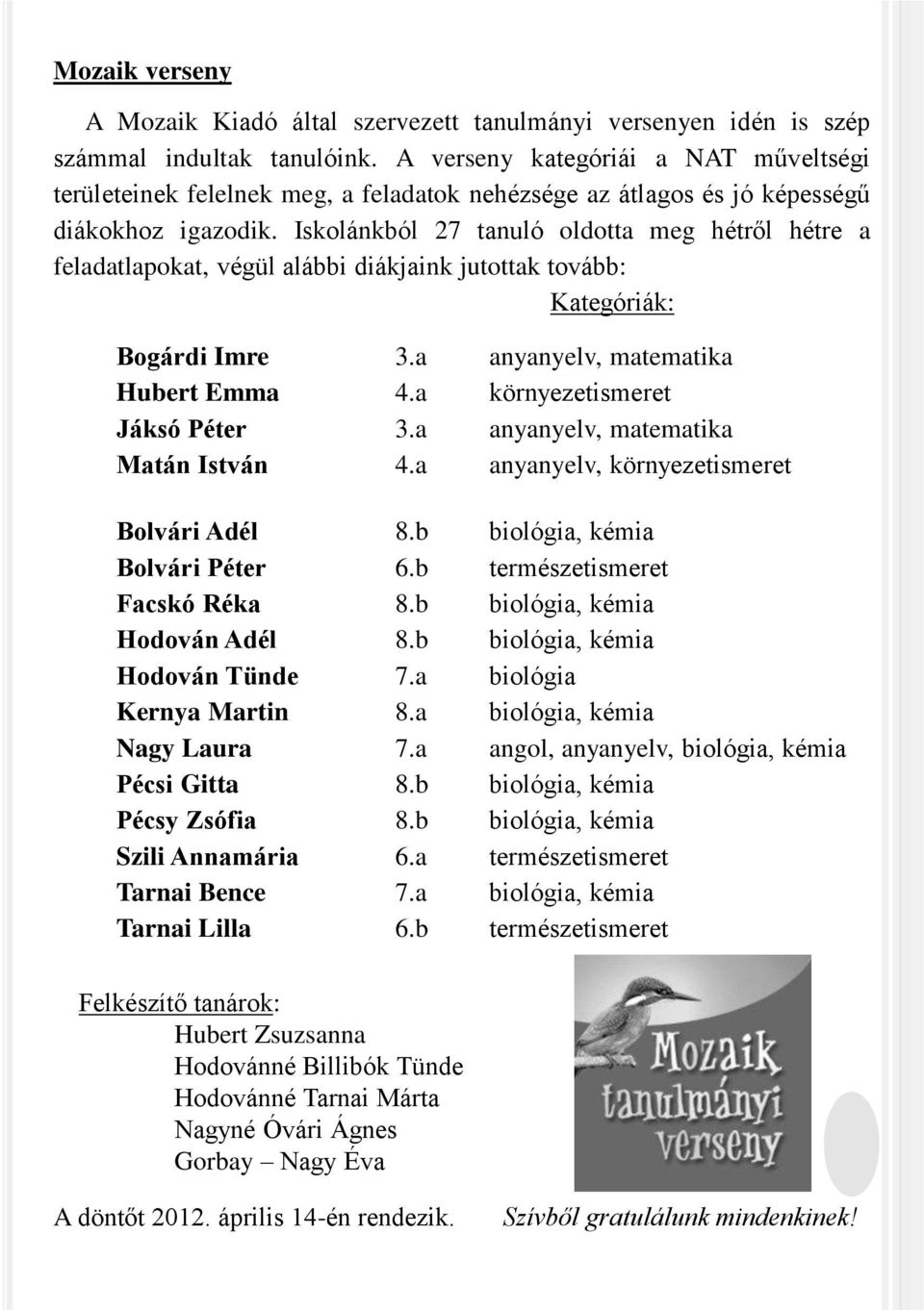 Iskolánkból 27 tanuló oldotta meg hétről hétre a feladatlapokat, végül alábbi diákjaink jutottak tovább: Kategóriák: Bogárdi Imre 3.a anyanyelv, matematika Hubert Emma 4.