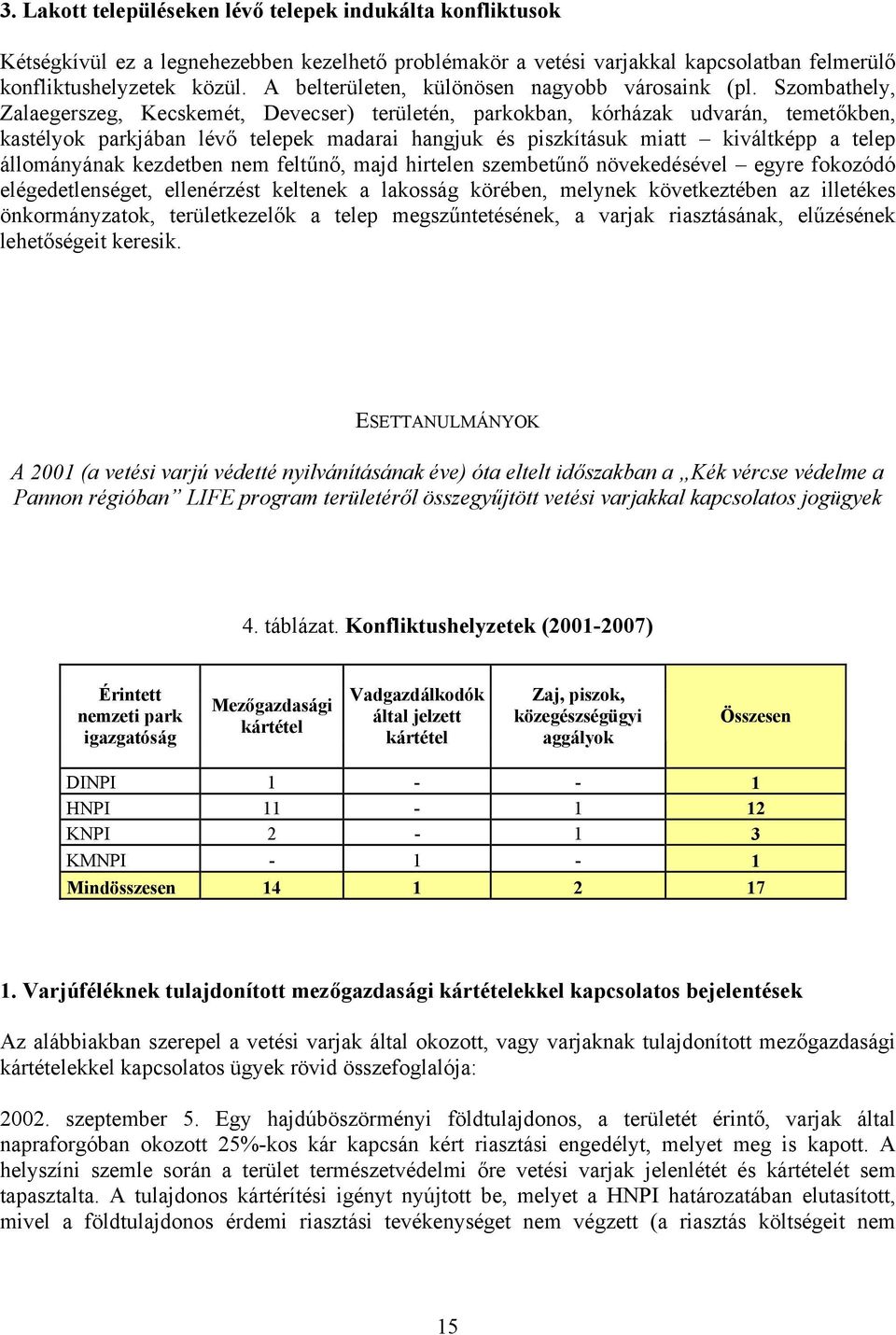 Szombathely, Zalaegerszeg, Kecskemét, Devecser) területén, parkokban, kórházak udvarán, temetőkben, kastélyok parkjában lévő telepek madarai hangjuk és piszkításuk miatt kiváltképp a telep