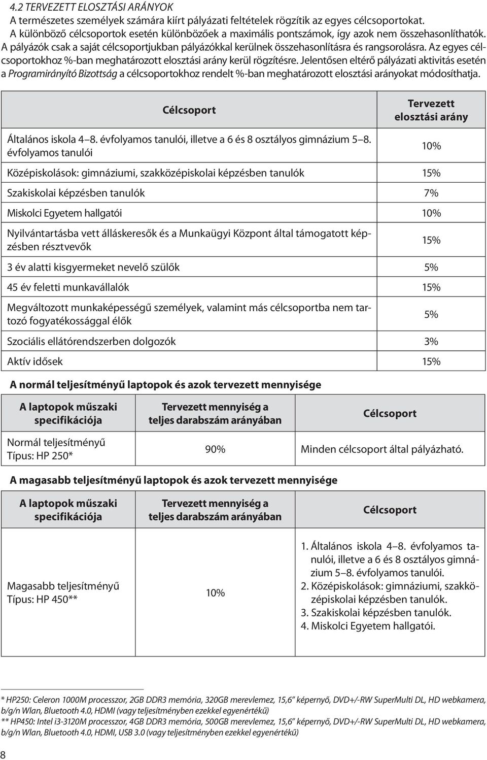 Az egyes célcsoportokhoz %-ban meghatározott elosztási arány kerül rögzítésre.