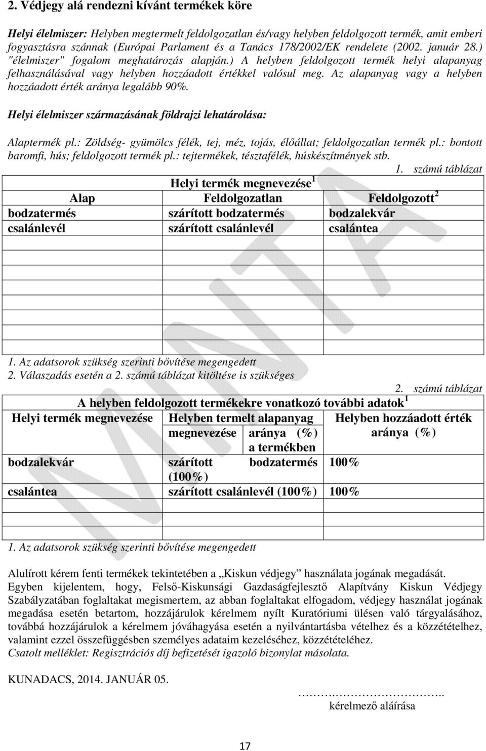 Az alapanyag vagy a helyben hozzáadott érték aránya legalább 90%. Helyi élelmiszer származásának földrajzi lehatárolása: Alaptermék pl.