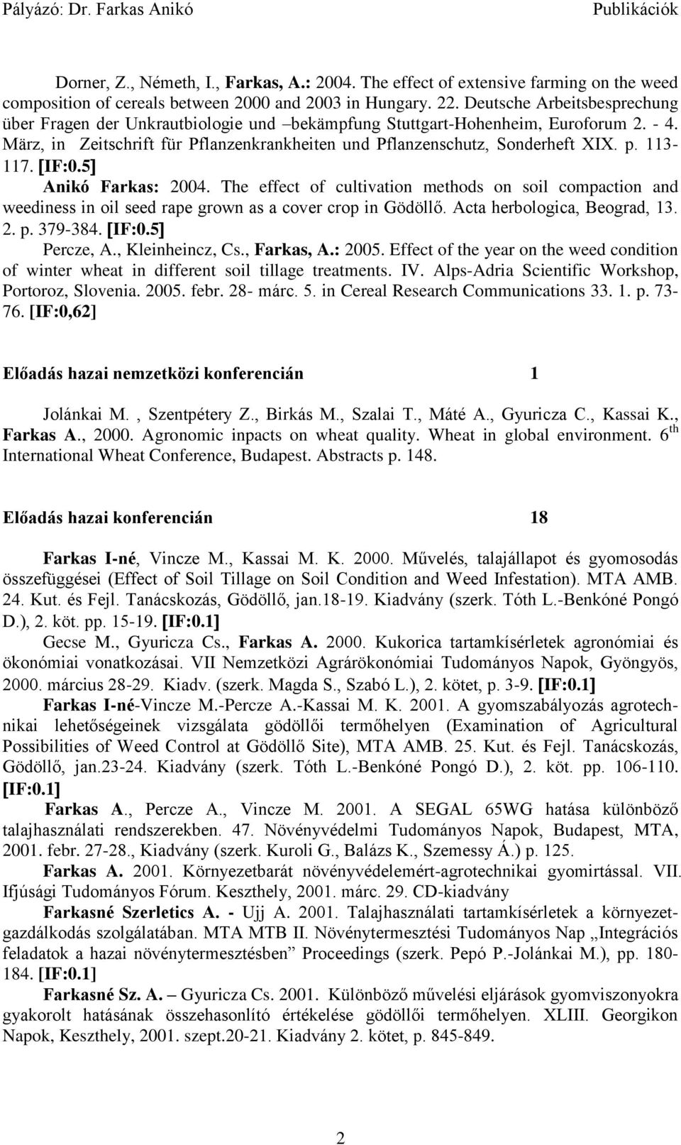 113-117. IF:0.5 Anikó Farkas: 2004. The effect of cultivation methods on soil compaction and weediness in oil seed rape grown as a cover crop in Gödöllő. Acta herbologica, Beograd, 13. 2. p. 379-384.