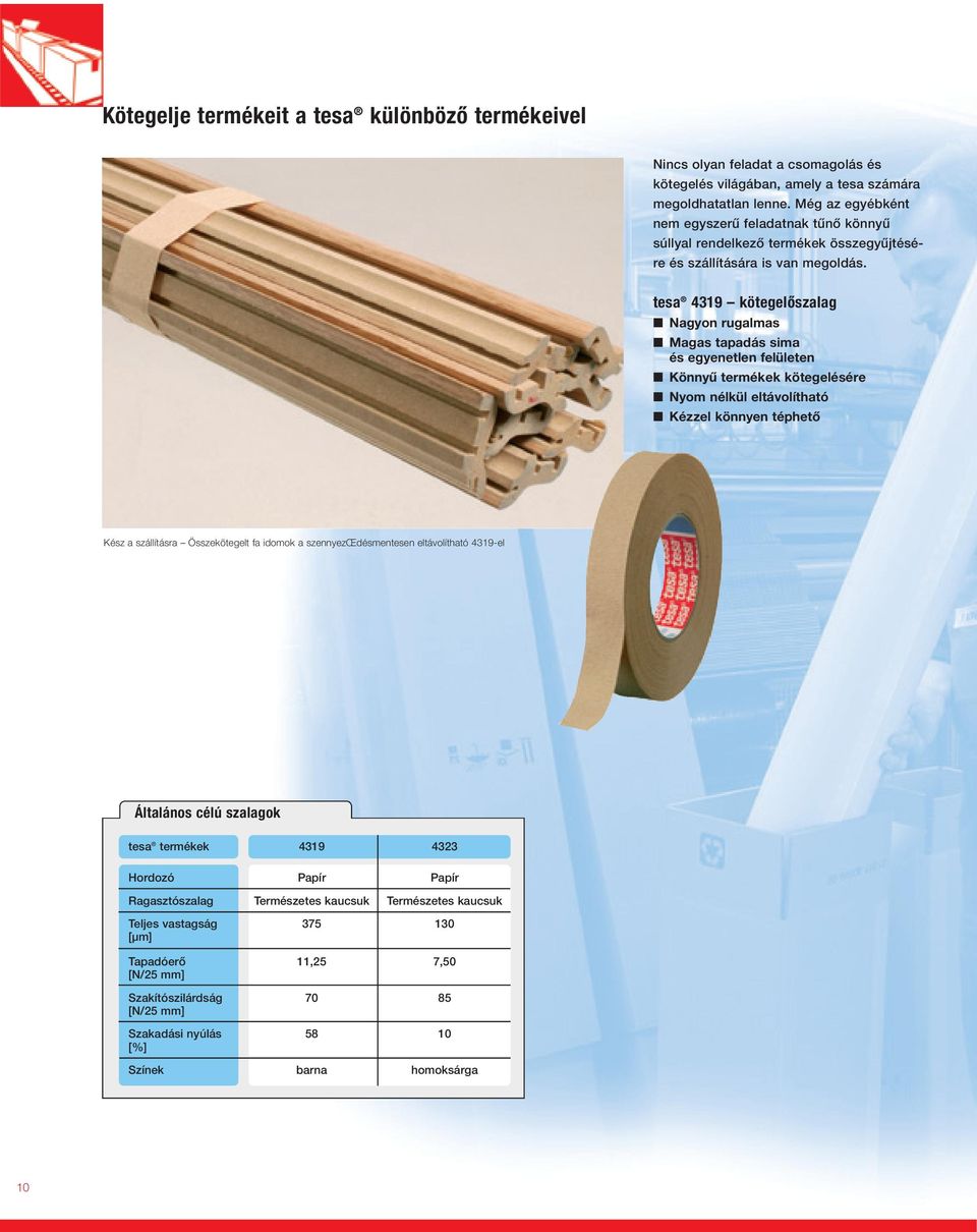 tesa 4319 kötegelôszalag Nagyon rugalmas Magas tapadás sima és egyenetlen felületen Könnyû termékek kötegelésére Nyom nélkül eltávolítható Kézzel könnyen téphetô Kész a szállításra Összekötegelt
