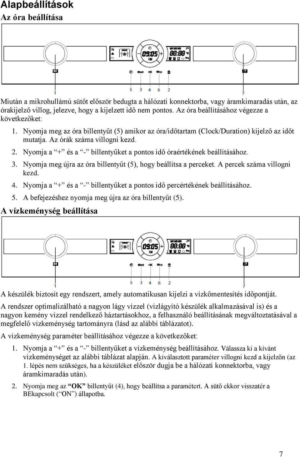 Nyomja a + és a - billentyűket a pontos idő óraértékének beállításához. 3. Nyomja meg újra az óra billentyűt (5), hogy beállítsa a perceket. A percek száma villogni kezd. 4.