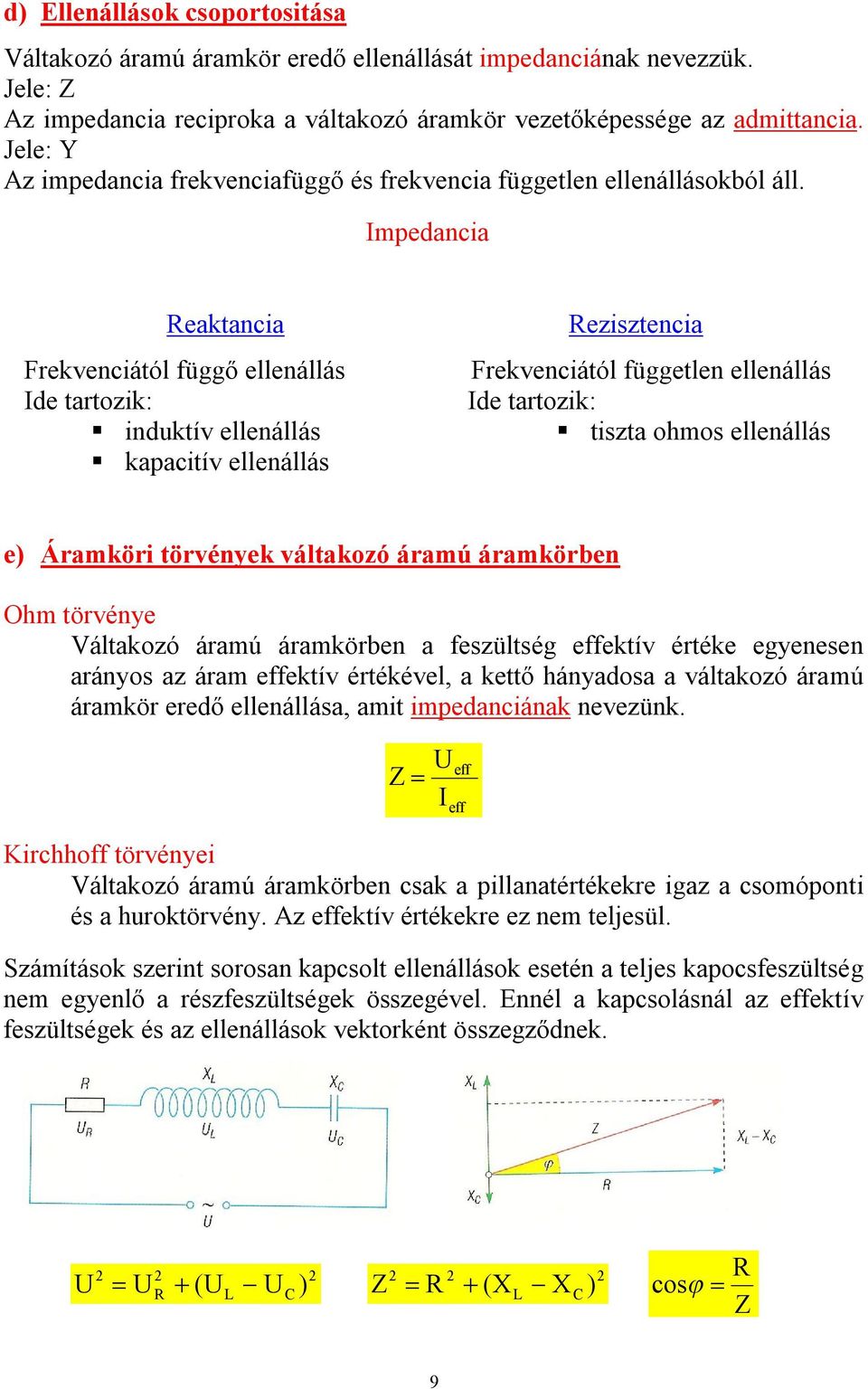 Impedancia Reaktancia Frekvenciától függő ellenállás Ide tartozik: induktív ellenállás kapacitív ellenállás Rezisztencia Frekvenciától független ellenállás Ide tartozik: tiszta ohmos ellenállás e)