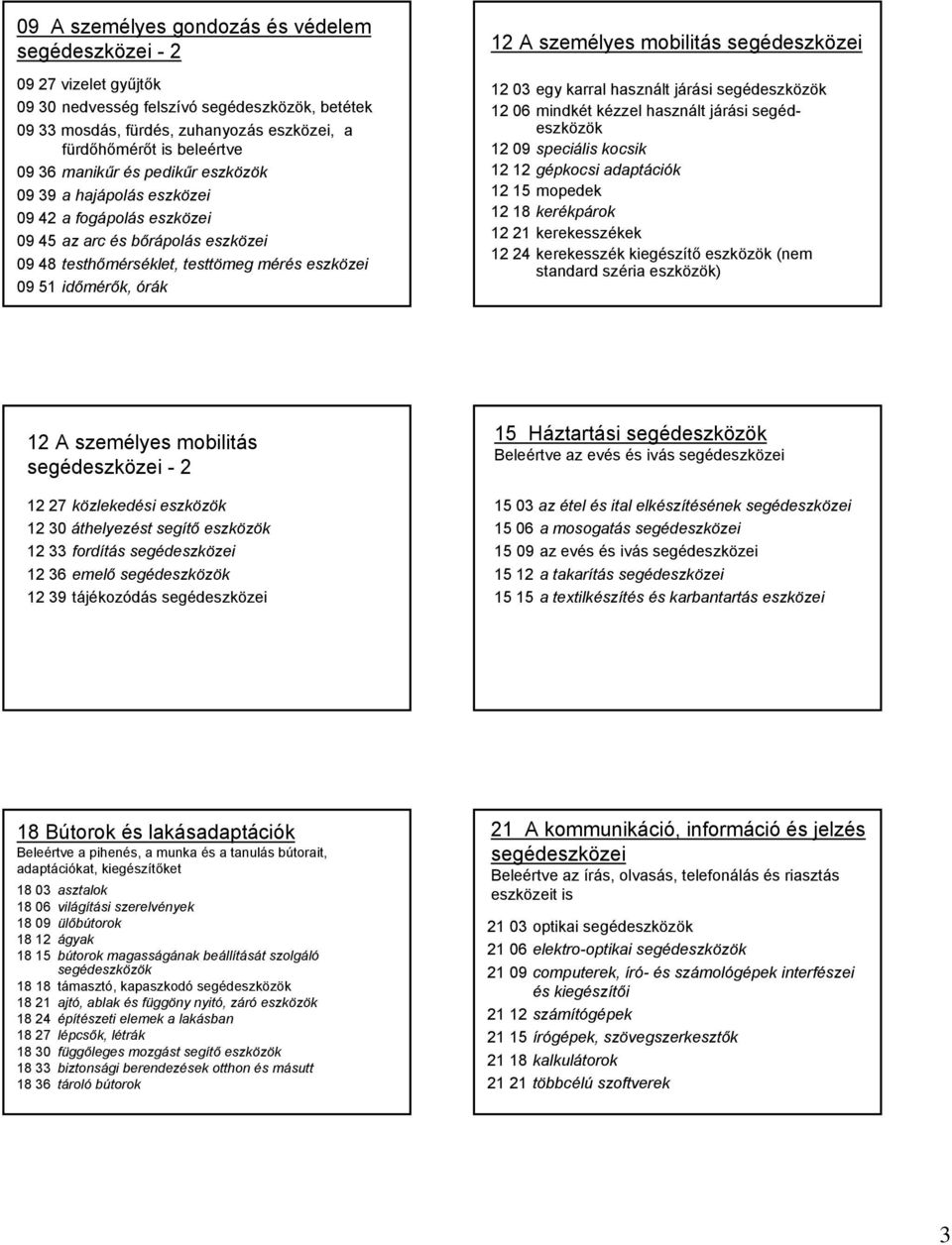 12 03 egy karral használt járási segédeszközök 12 06 mindkét kézzel használt járási segédeszközök 12 09 speciális kocsik 12 12 gépkocsi adaptációk 12 15 mopedek 12 18 kerékpárok 12 21 kerekesszékek