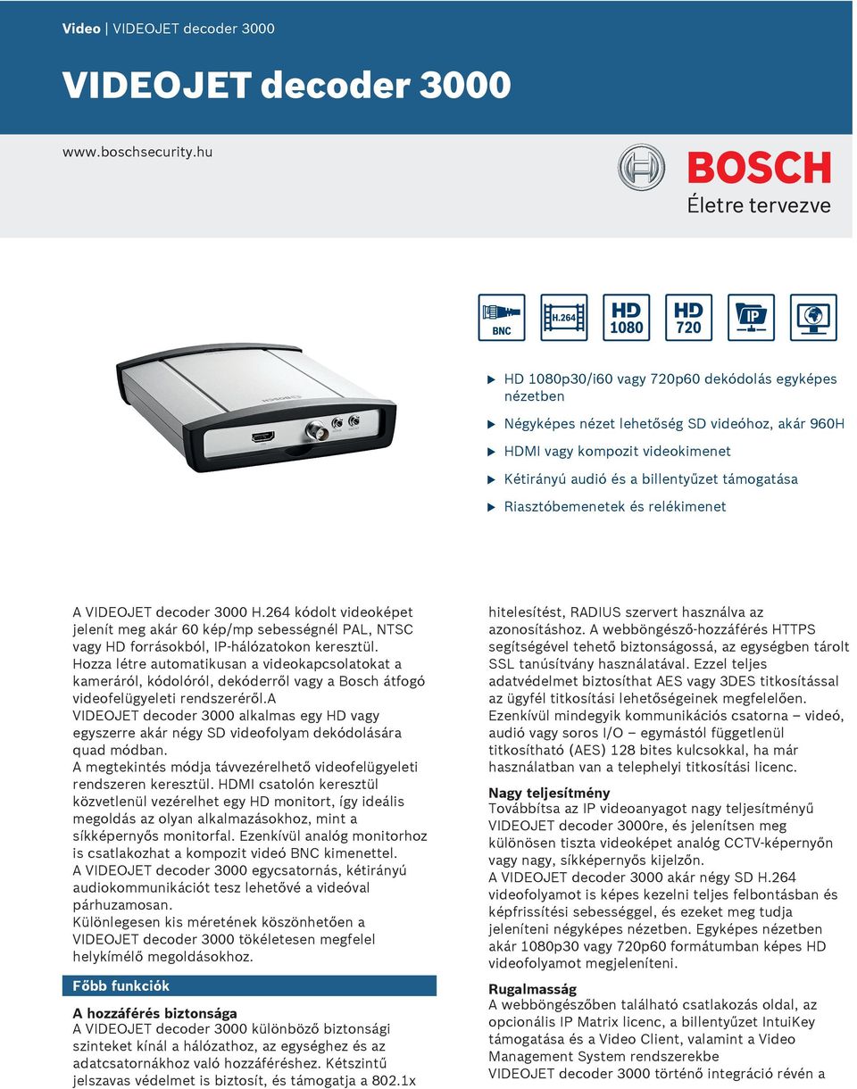 és relékimenet A VIDEOJET decoder 3000 H.264 kódolt videoképet jelenít meg akár 60 kép/mp nél PAL, NTSC vagy HD forrásokból, IP-hálózatokon keresztül.