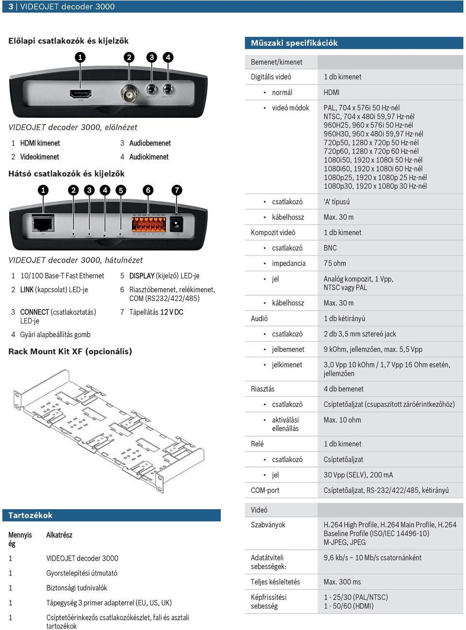 Hz-nél 720p60, 1280 x 720p 60 Hz-nél 1080i50, 1920 x 1080i 50 Hz-nél 1080i60, 1920 x 1080i 60 Hz-nél 1080p25, 1920 x 1080p 25 Hz-nél 1080p30, 1920 x 1080p 30 Hz-nél csatlakozó 'A' típsú kábelhossz