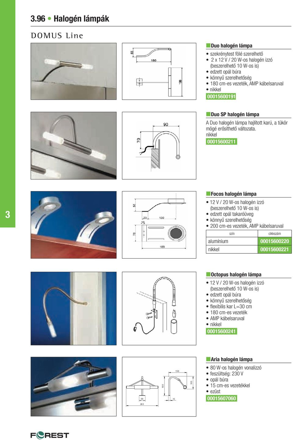 nikkel 00015600211 nfocos halogén lámpa 12 V / 20 W-os halogén izzó (beszerelhető 10 W-os is) edzett opál takaróüveg könnyű szerelhetőség 200 cm-es vezeték, AMP kábelsaruval alumínium 00015600220