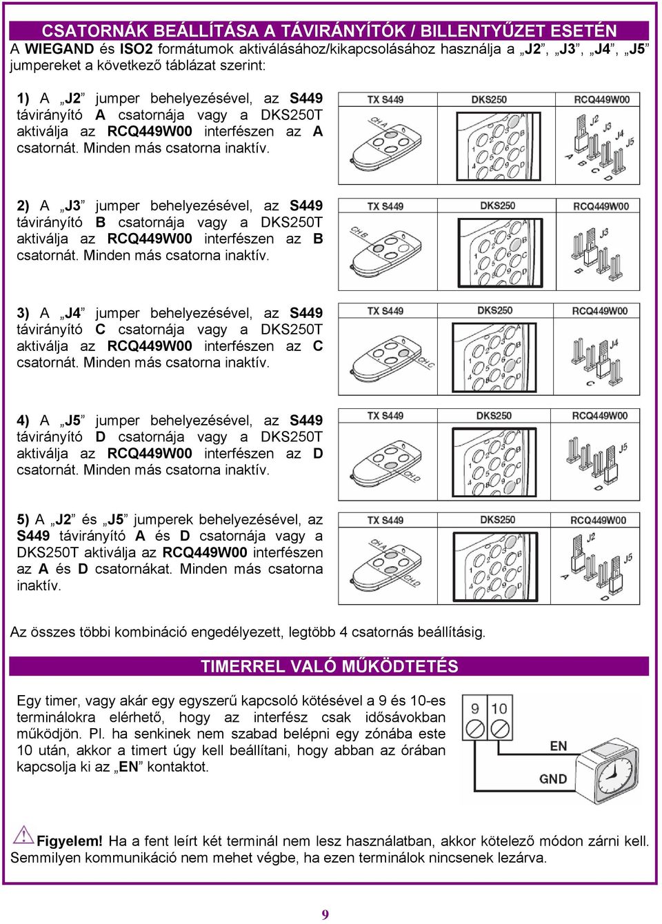 2) A J3 jumper behelyezésével, az S449 távirányító B csatornája vagy a DKS250T aktiválja az RCQ449W00 interfészen az B csatornát. Minden más csatorna inaktív.