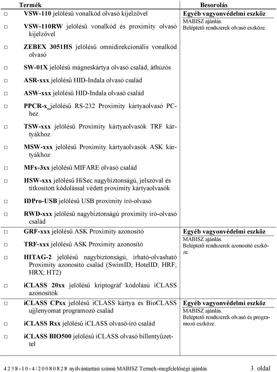 kártyákhoz MSW-xxx jelölésű Proximity kártyaolvasók ASK kártyákhoz MFx-3xx jelölésű MIFARE olvasó család HSW-xxx jelölésű HiSec nagybiztonságú, jelszóval és titkosított kódolással védett proximity