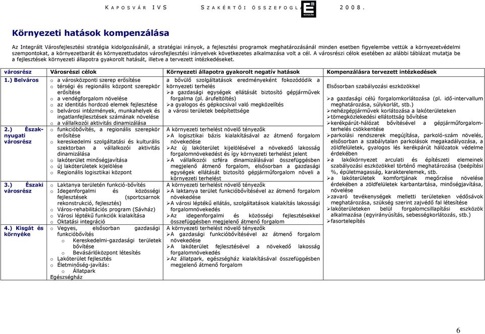 A városrészi célok esetében az alábbi táblázat mutatja be a fejlesztések környezeti állapotra gyakorolt hatását, illetve a tervezett intézkedéseket.