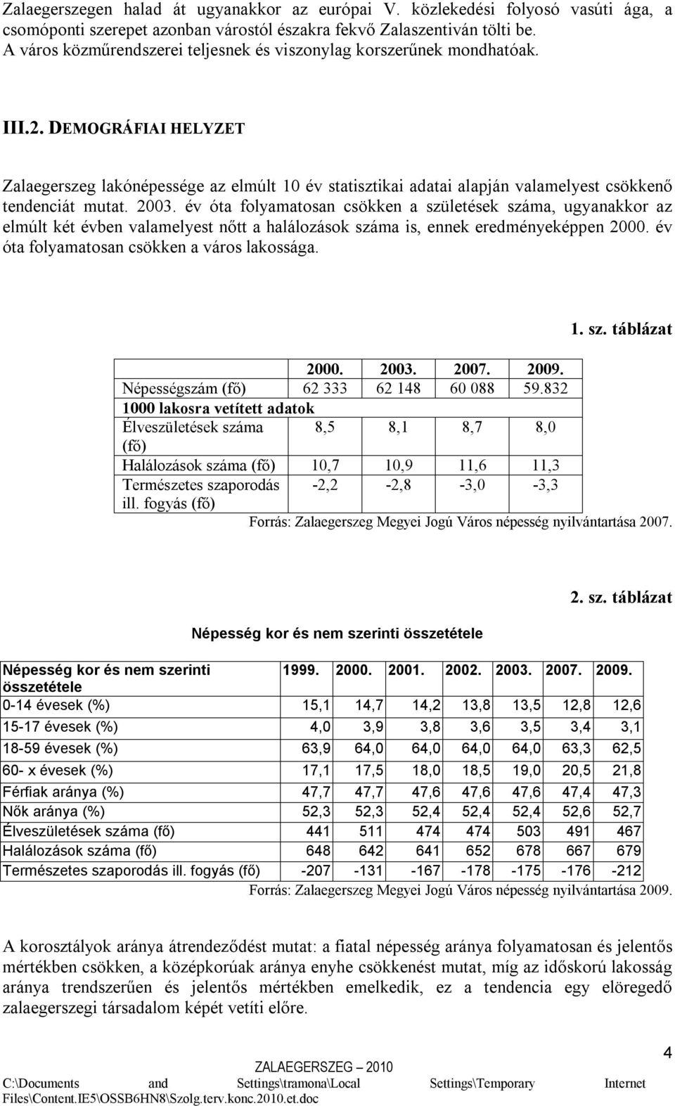 DEMOGRÁFIAI HELYZET Zalaegerszeg lakónépessége az elmúlt 10 év statisztikai adatai alapján valamelyest csökkenő tendenciát mutat. 2003.