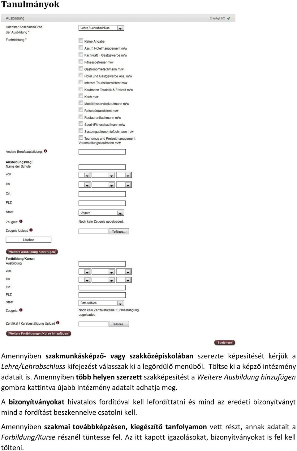 Amennyiben több helyen szerzett szakképesítést a Weitere Ausbildung hinzufügen gombra kattintva újabb intézmény adatait adhatja meg.