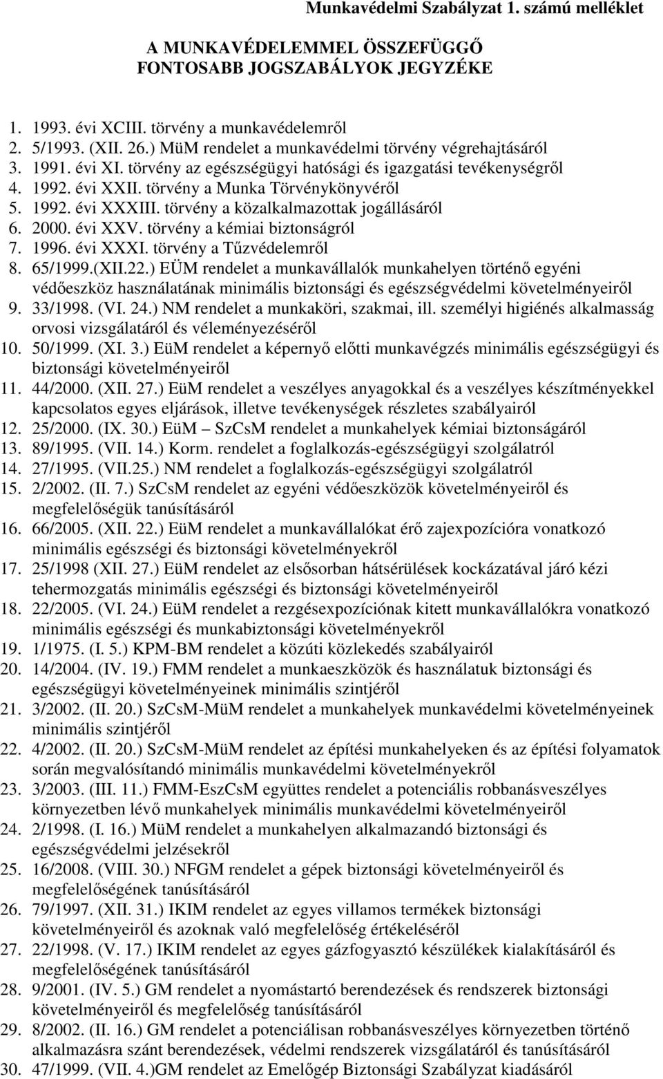 törvény a közalkalmazottak jogállásáról 6. 2000. évi XXV. törvény a kémiai biztonságról 7. 1996. évi XXXI. törvény a Tűzvédelemről 8. 65/1999.(XII.22.