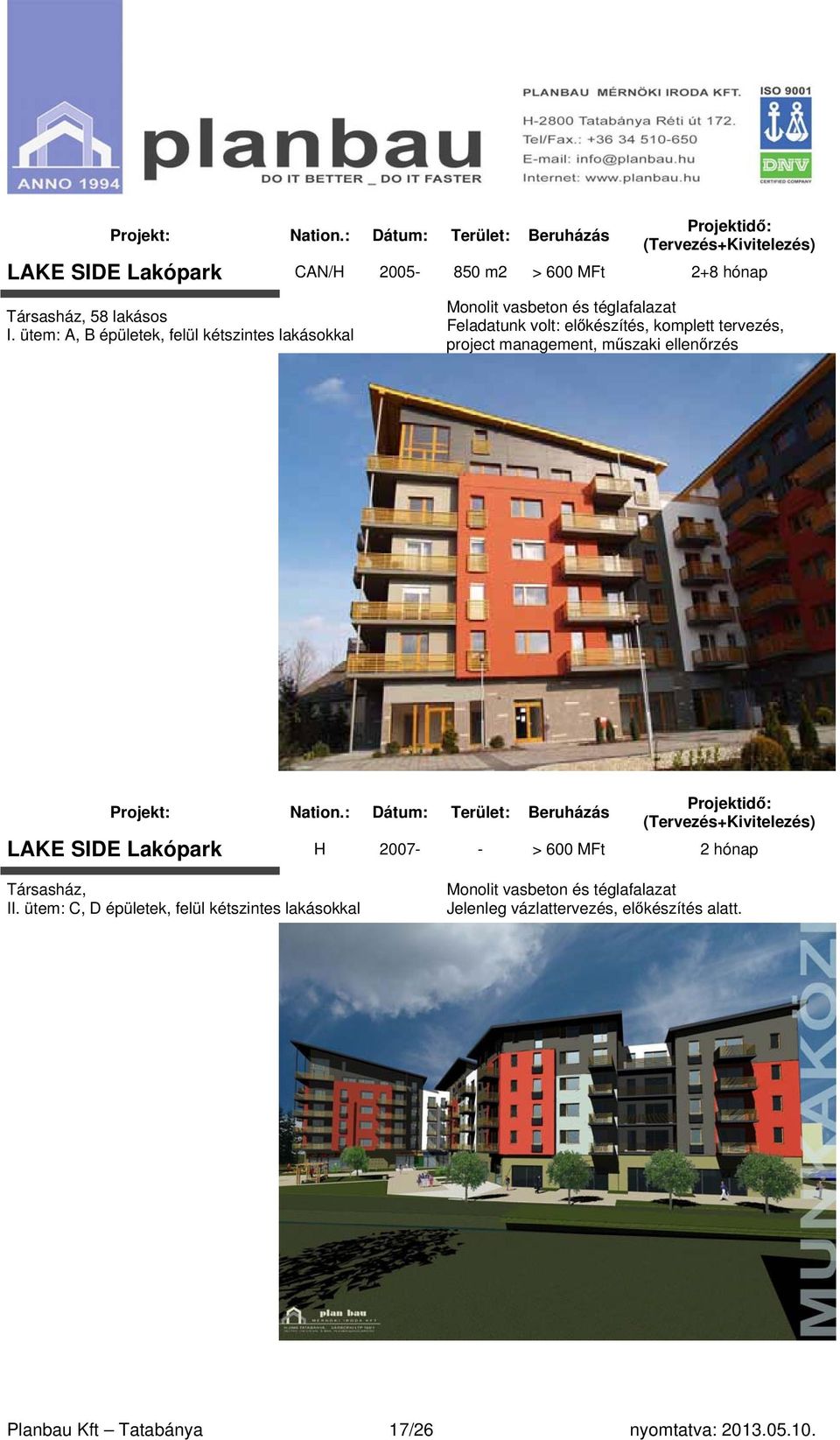 tervezés, project management, műszaki ellenőrzés LAKE SIDE Lakópark H 2007- - > 600 MFt 2 hónap Társasház, II.