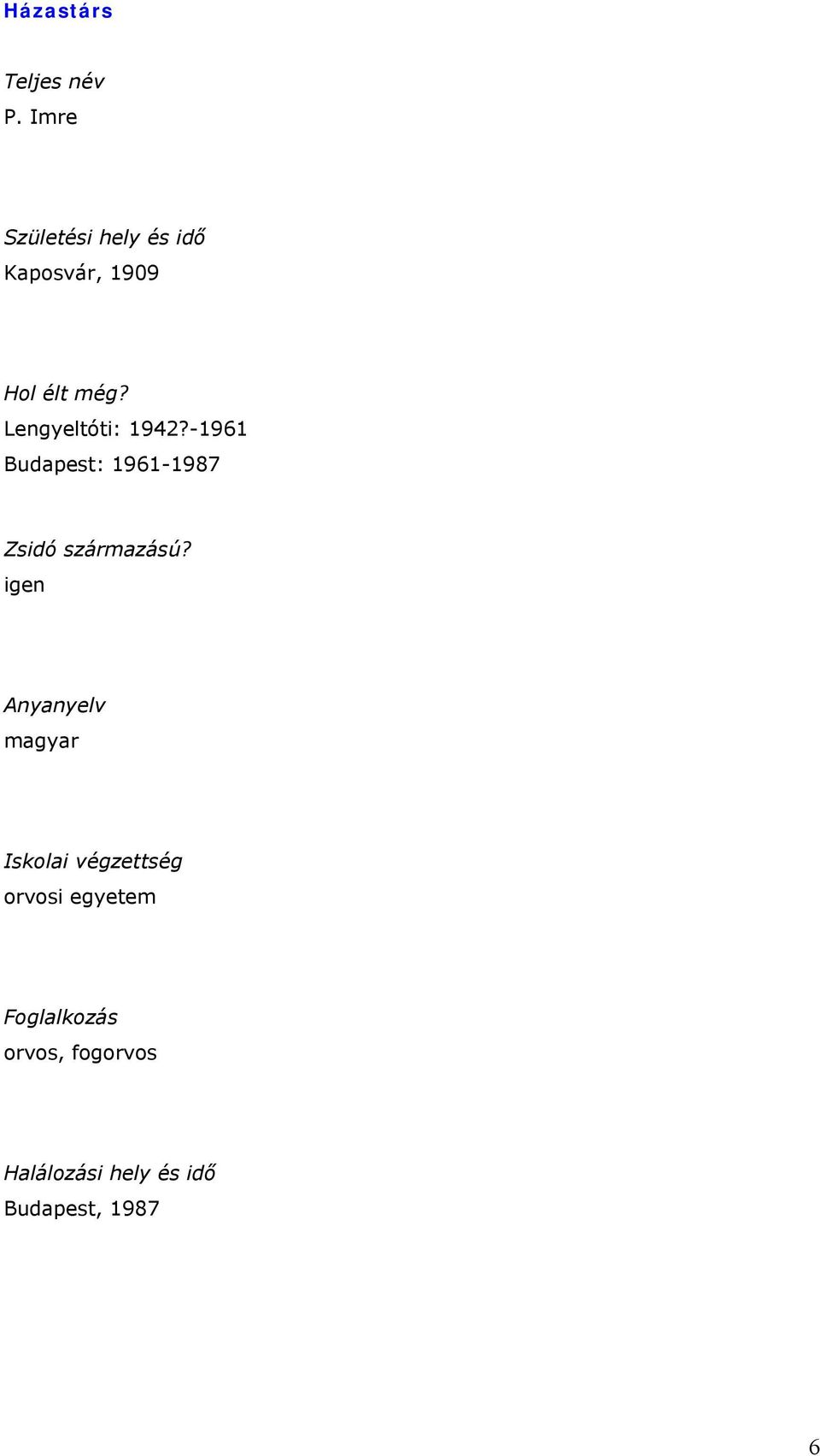 Lengyeltóti: 1942?-1961 Budapest: 1961-1987 Zsidó származású?