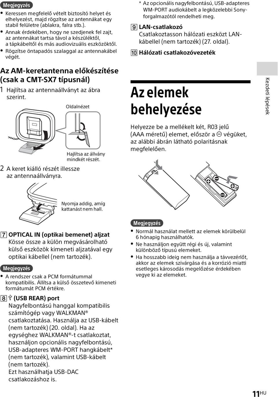 * Az opcionális nagyfelbontású, USB-adapteres WM-PORT audiokábelt a legközelebbi Sonyforgalmazótól rendelheti meg. LAN-csatlakozó Csatlakoztasson hálózati eszközt LANkábellel (nem tartozék) (27.