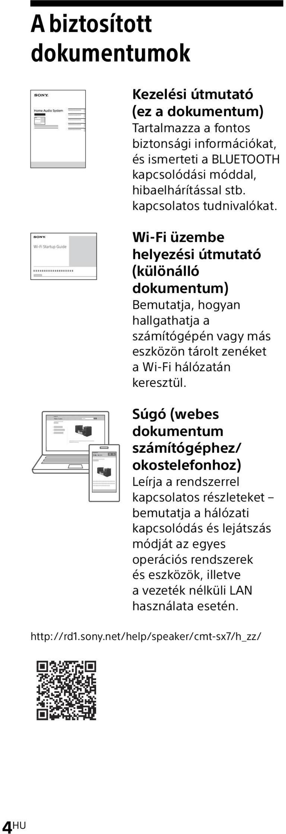 Wi-Fi üzembe helyezési útmutató (különálló dokumentum) Bemutatja, hogyan hallgathatja a számítógépén vagy más eszközön tárolt zenéket a Wi-Fi hálózatán keresztül.