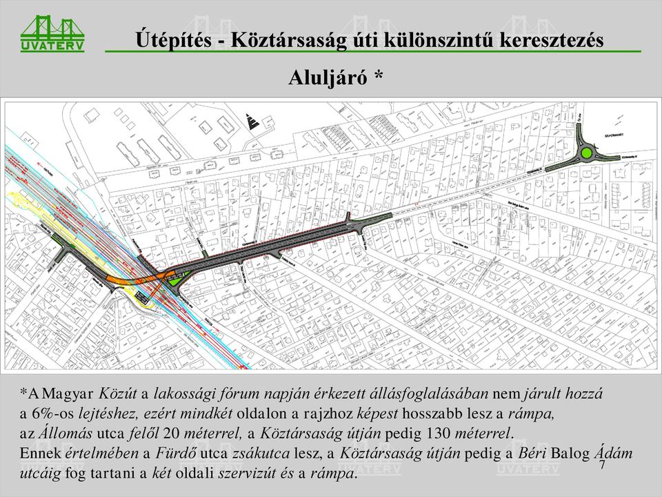 rámpa, az Állomás utca felől 20 méterrel, a Köztársaság útján pedig 130 méterrel.