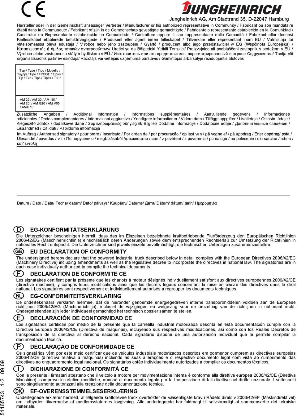 Comunidade / Costruttore oppure il suo rappresentante nella Comunità / Fabrikant eller dennesi Fællesskabet etablerede befuldmægtigede / Produsent eller agent innen felleskapet / Tillverkare eller