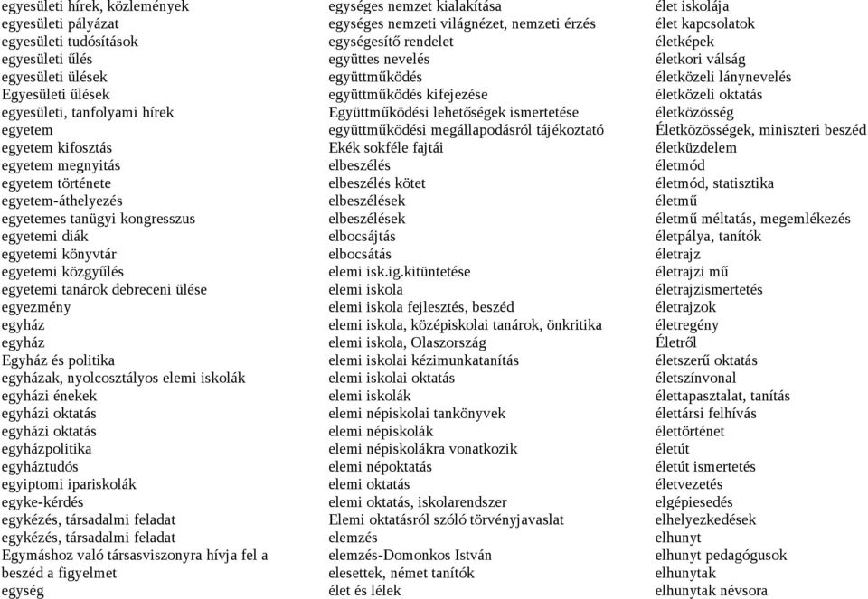 egyházak, nyolcosztályos elemi iskolák egyházi énekek egyházi oktatás egyházi oktatás egyházpolitika egyháztudós egyiptomi ipariskolák egyke-kérdés egykézés, társadalmi feladat egykézés, társadalmi