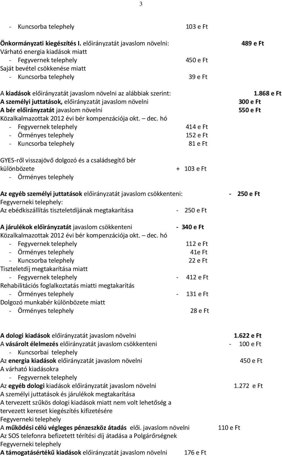 az alábbiak szerint: A személyi juttatások, előirányzatát javaslom növelni A bér előirányzatát javaslom növelni Közalkalmazottak 2012 évi bér kompenzációja okt. dec.