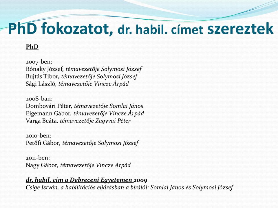 témavezetője Vincze Árpád 2008-ban: Dombovári Péter, témavezetője Somlai János Eigemann Gábor, témavezetője Vincze Árpád Varga Beáta,