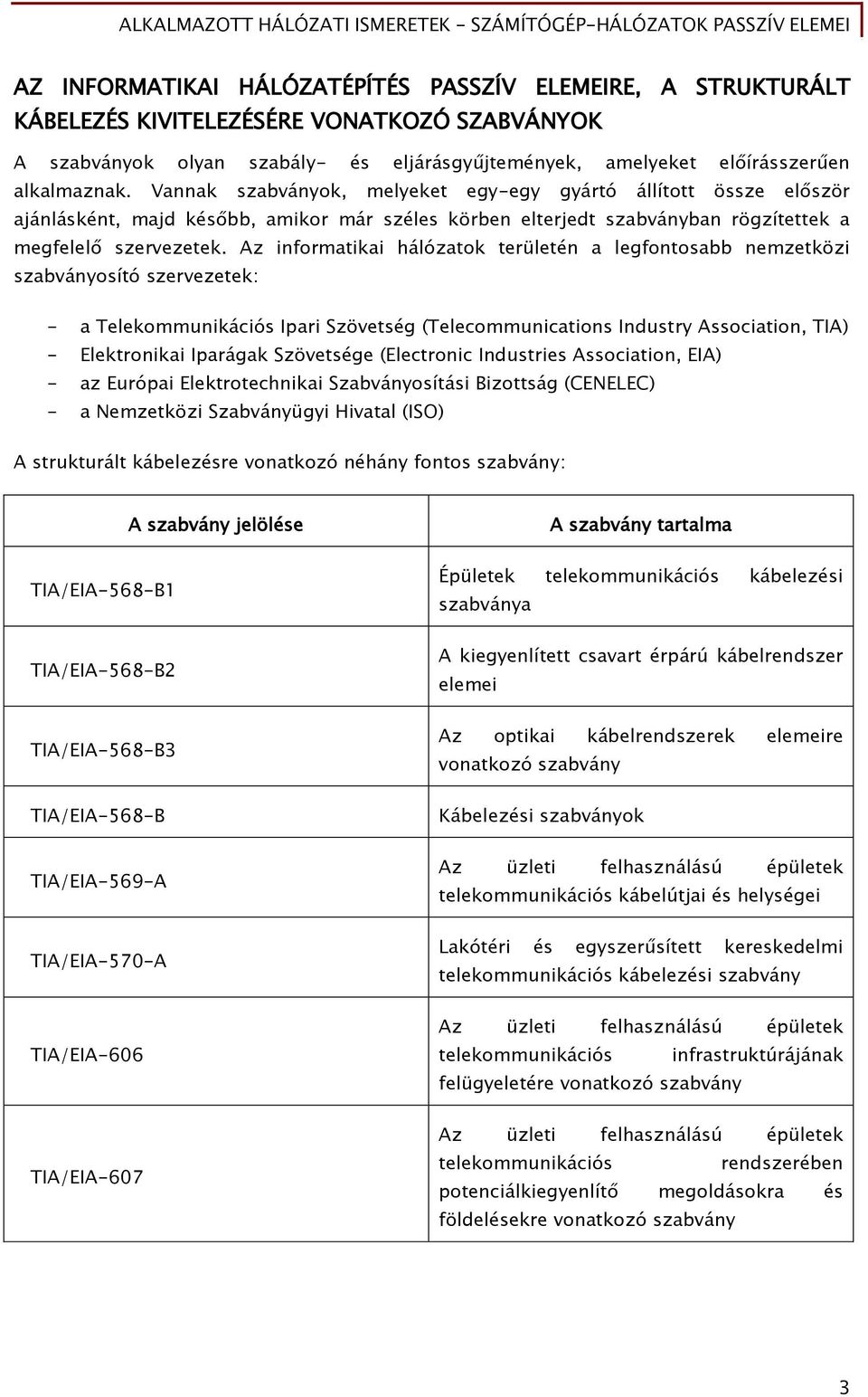 Az inőormatikai hálózatok területén a leőőontosabb nemzetközi szabványosító szervezetek: - a Telekommunikációs Ipari Szövetséő (Telecommunications Industry Association, TIA) - Elektronikai Iparáőak