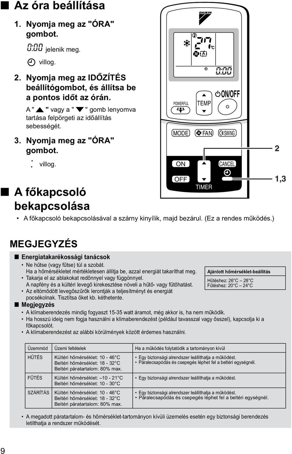 CANCEL A főkapcsoló bekapcsolása OFF 1,3 TIMER A főkapcsoló bekapcsolásával a szárny kinyílik, majd bezárul. (Ez a rendes működés.