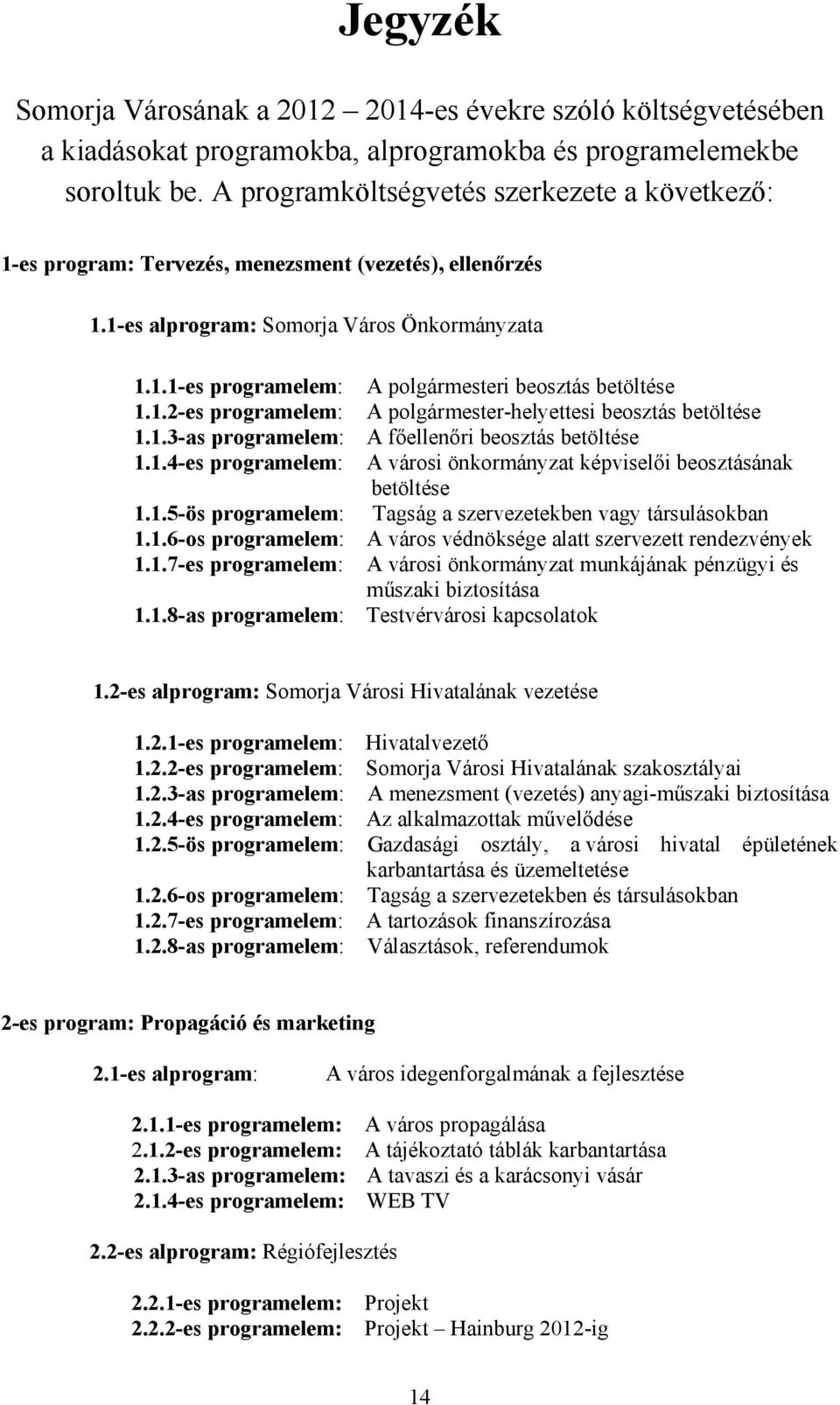 1.2es programelem: A polgármesterhelyettesi beosztás betöltése 1.1.3as programelem: A főellenőri beosztás betöltése 1.1.4es programelem: A városi önkormányzat képviselői beosztásának betöltése 1.1.5ös programelem: Tagság a szervezetekben vagy társulásokban 1.