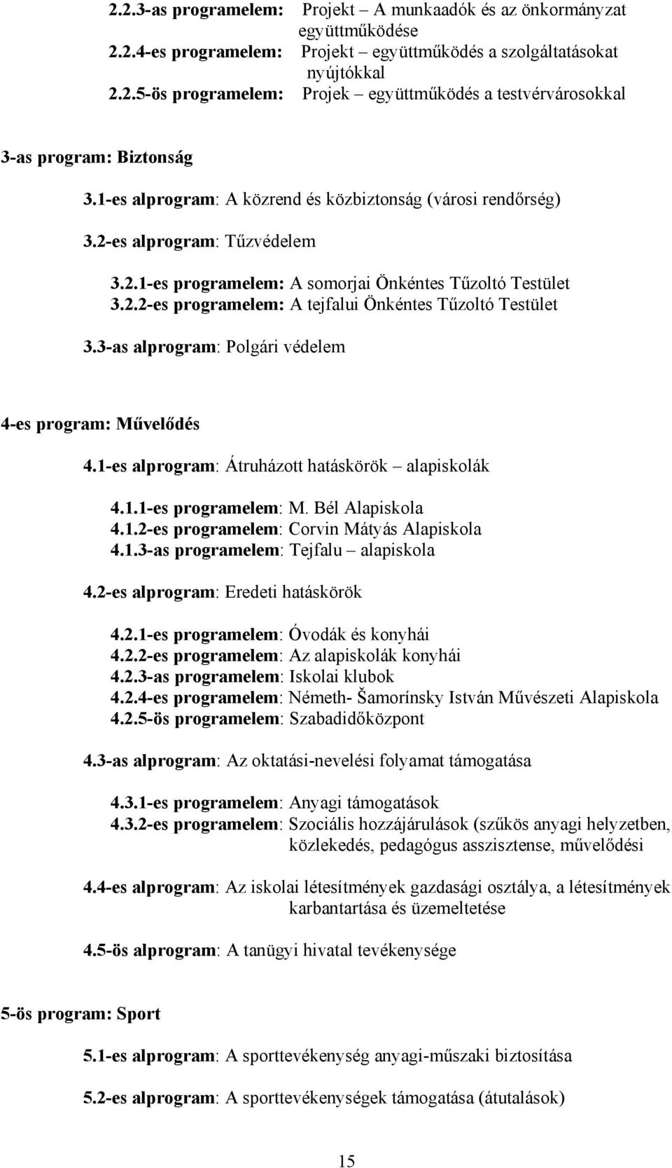 3as alprogram: Polgári védelem 4es program: Művelődés 4.1es alprogram: Átruházott hatáskörök alapiskolák 4.1.1es programelem: M. Bél Alapiskola 4.1.2es programelem: Corvin Mátyás Alapiskola 4.1.3as programelem: Tejfalu alapiskola 4.