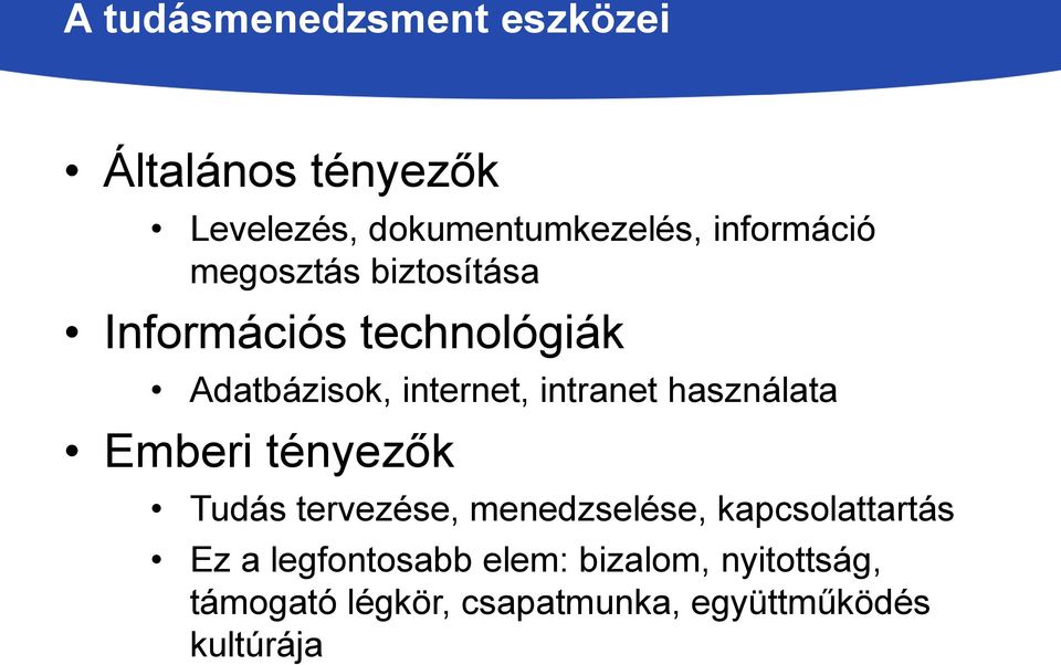 intranet használata Emberi tényezők Tudás tervezése, menedzselése, kapcsolattartás