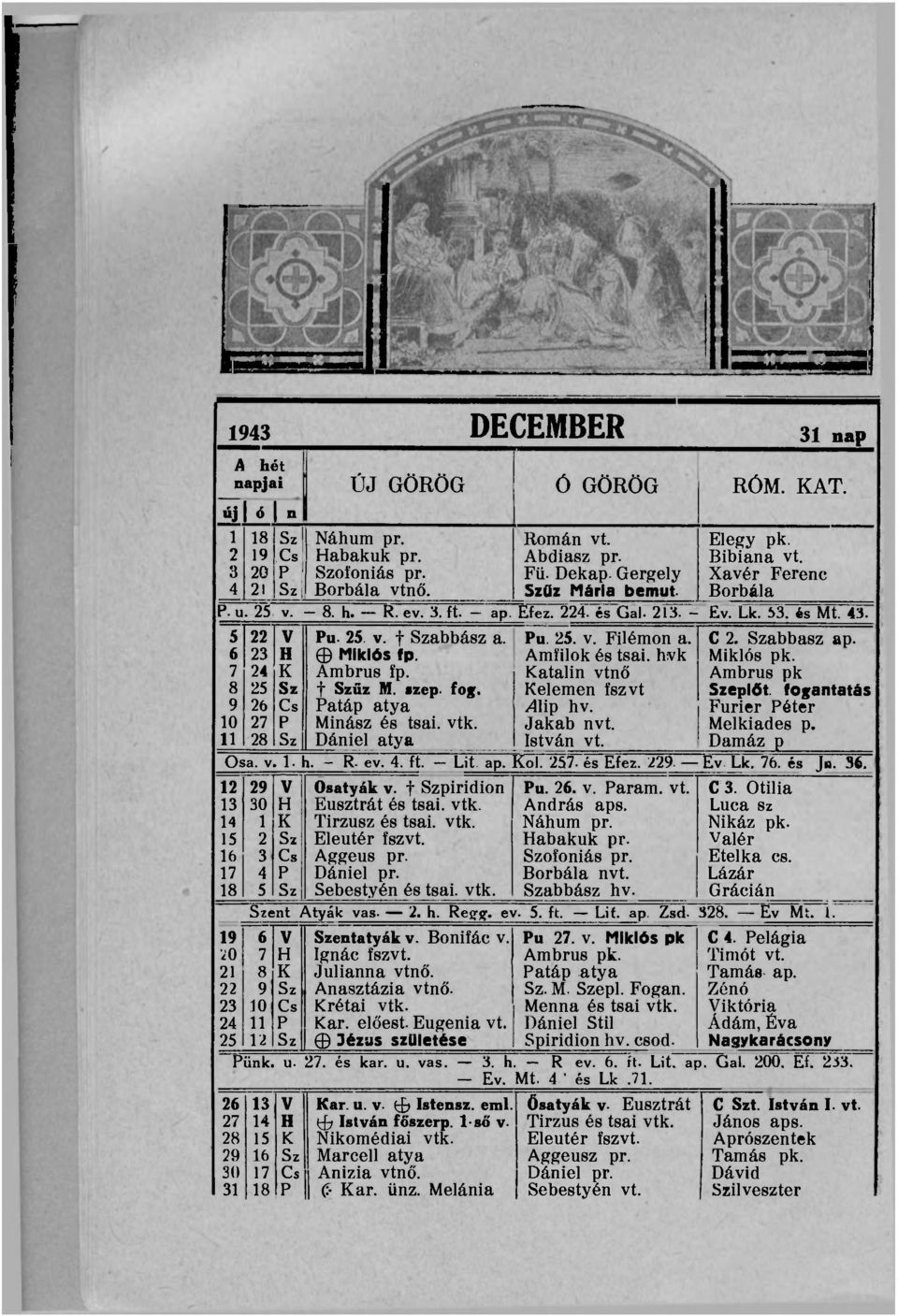 C 2. Szabbasz ap. 6 23 H Miklós fp. Amíilok és tsai. hvk Miklós pk. 7 24 K Ambrus fp. Katalin vtnő Ambrus pk 8 25 Sz f Szűz M. azep. fog. Kelemen fszvt Szeplőt. fogantatás 9 26 Cs Patáp atya /41ip hv.