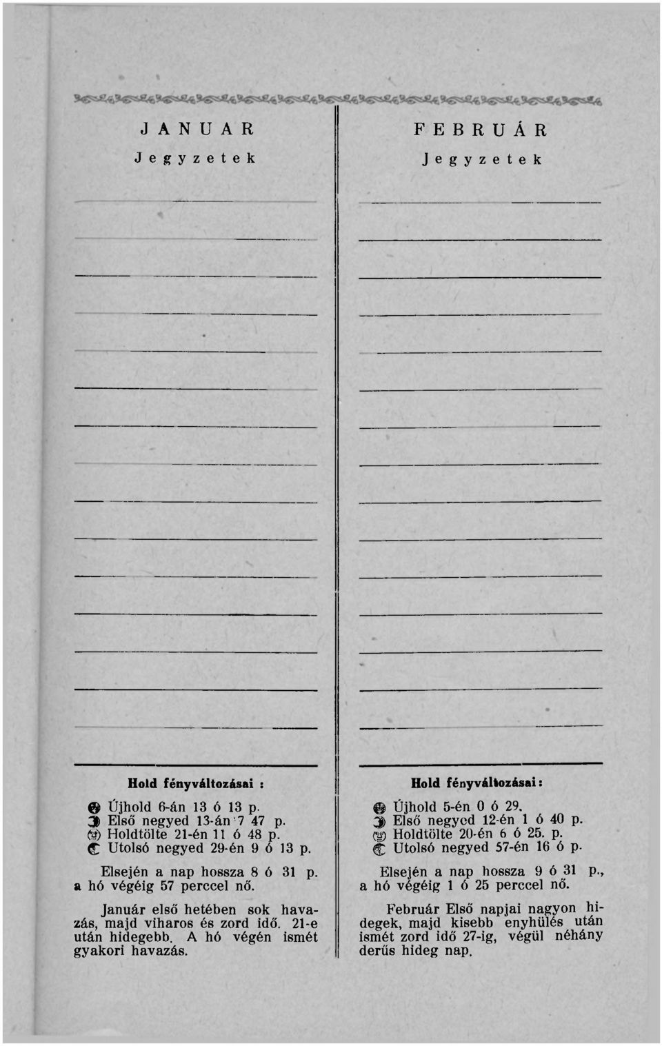 A hó végén ismét gyakori havazás. Hold fényváltozásai: Újhold 5-én 0 ó 29. 3 Első negyed 12-én 1 ó 40 p. Cg) Holdtölte 20-én 6 ó 25. p. C Utolsó negyed 57-én 16 ó p.