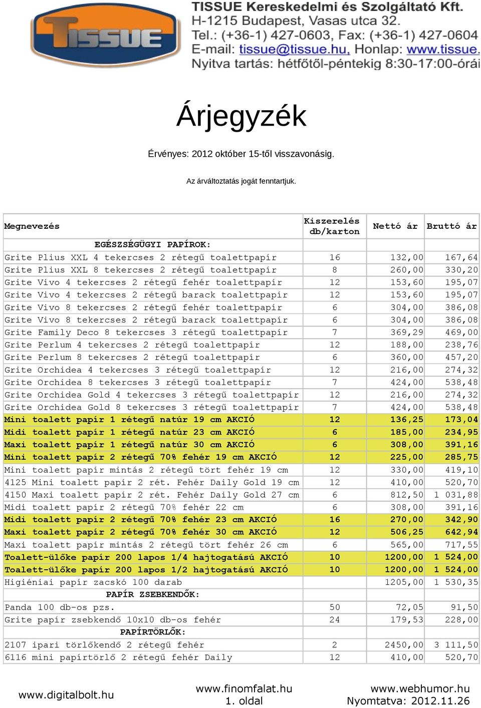 330,20 Grite Vivo 4 tekercses 2 rétegű fehér toalettpapír 12 153,60 195,07 Grite Vivo 4 tekercses 2 rétegű barack toalettpapír 12 153,60 195,07 Grite Vivo 8 tekercses 2 rétegű fehér toalettpapír 6